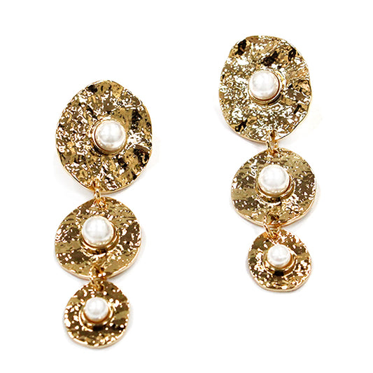 Gold Hammered Triple Drop with Pearl 3" Earring