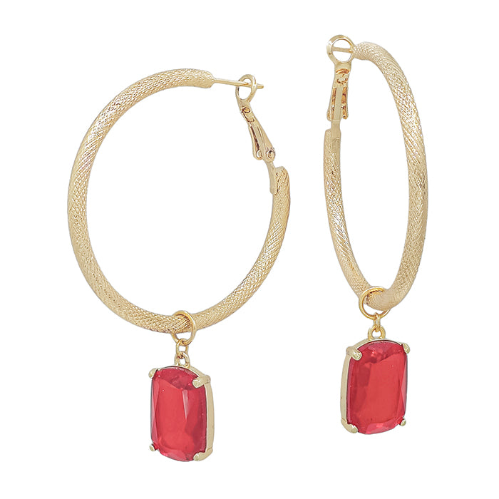 Gold 1.75" Hoop with Red Crystal Drop