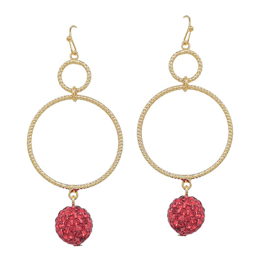 Gold Open Hoop with Red Pave Drop 2" Earring