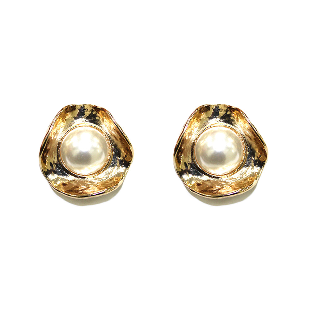 Gold Textured Geometric Circle with Pearl 1" Earrings