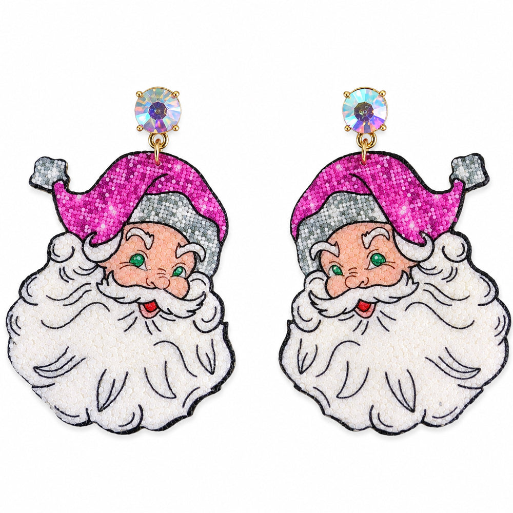 White and Pink Glitter Santa 2" Earring