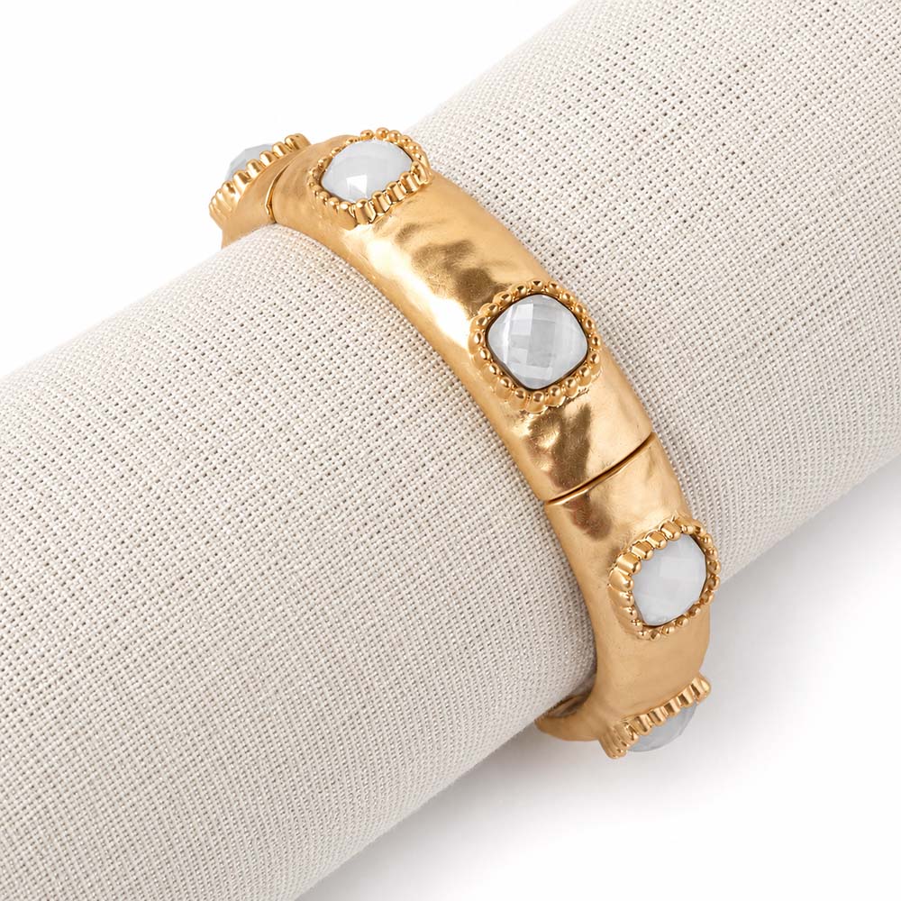 Hammered Gold with White Stone Stretch Bracelet