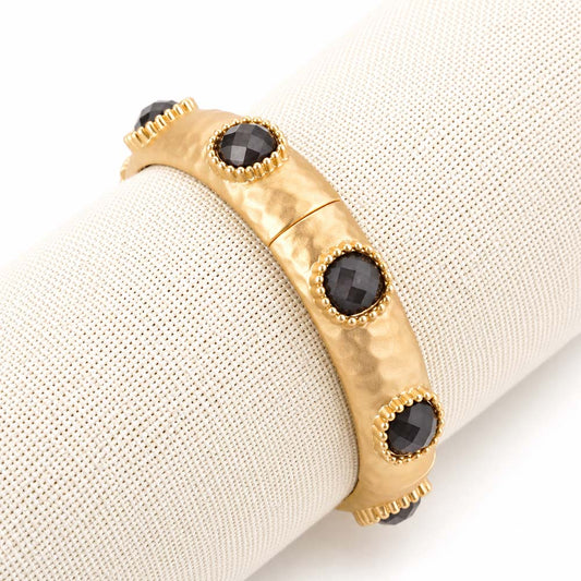 Hammered Gold with Black Stone Stretch Bracelet
