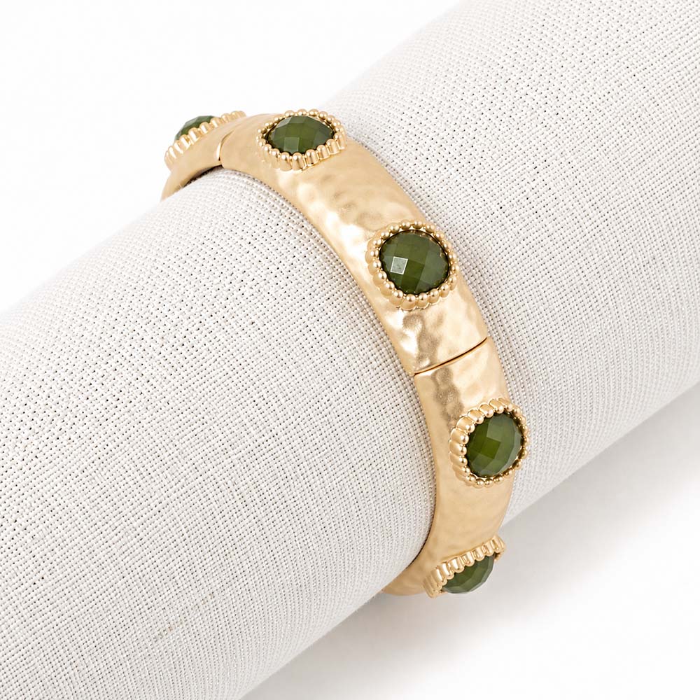 Hammered Gold with Olive Stone Stretch Bracelet