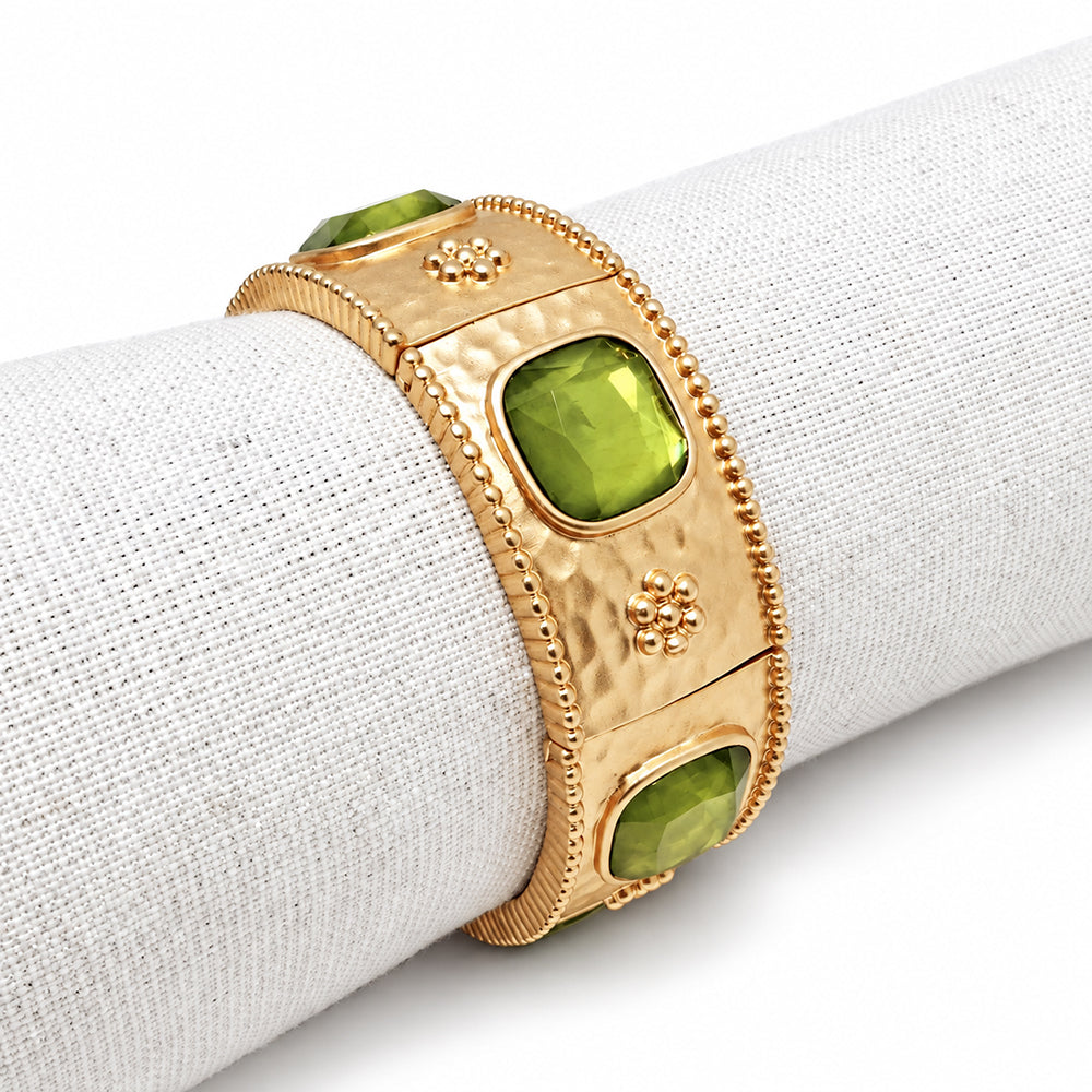 Hammered Gold Stretch Bracelet with Olive Square Stone