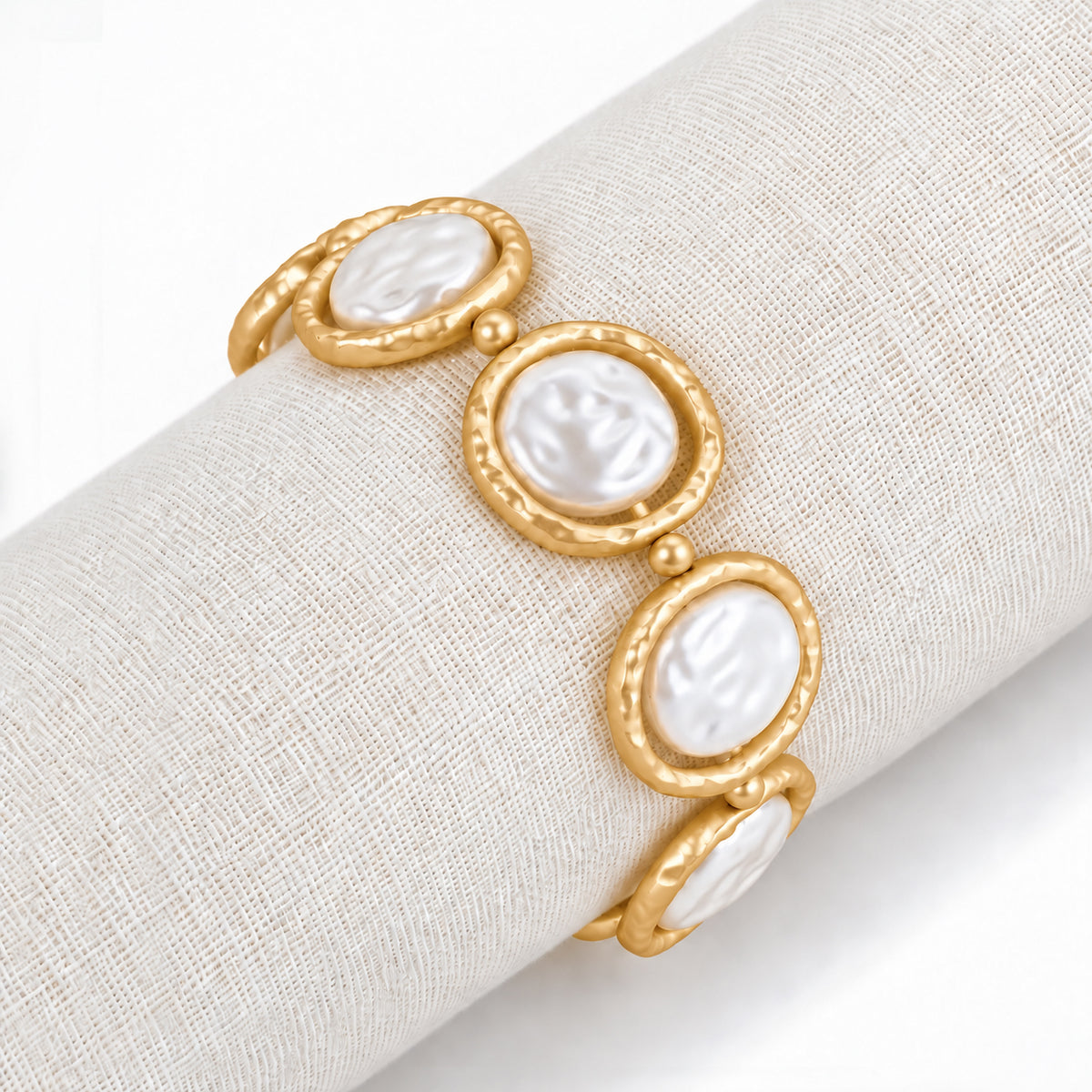 Flat Pearl with Gold Outline Stretch Bracelet