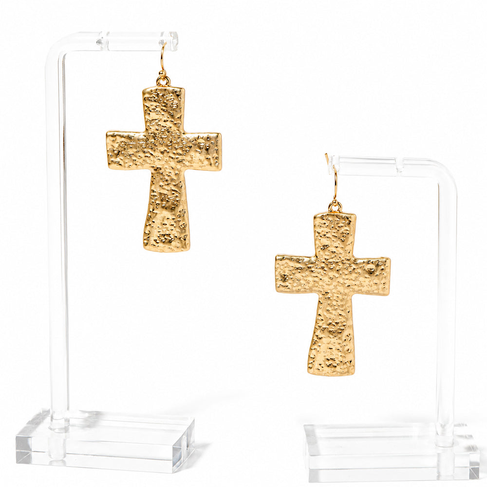 Textured Worn Gold 1" Cross Earring