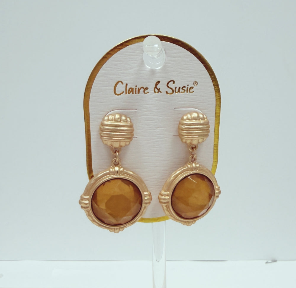 Matte Gold Textured Circle with Topaz/Brown Stone 1" Earring