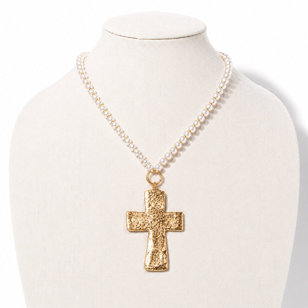 Pearl Beaded Chain with Textured Cross Pendant 16"-18" Necklace