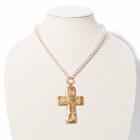 Pearl Beaded Chain with Textured Cross Pendant 16"-18" Necklace