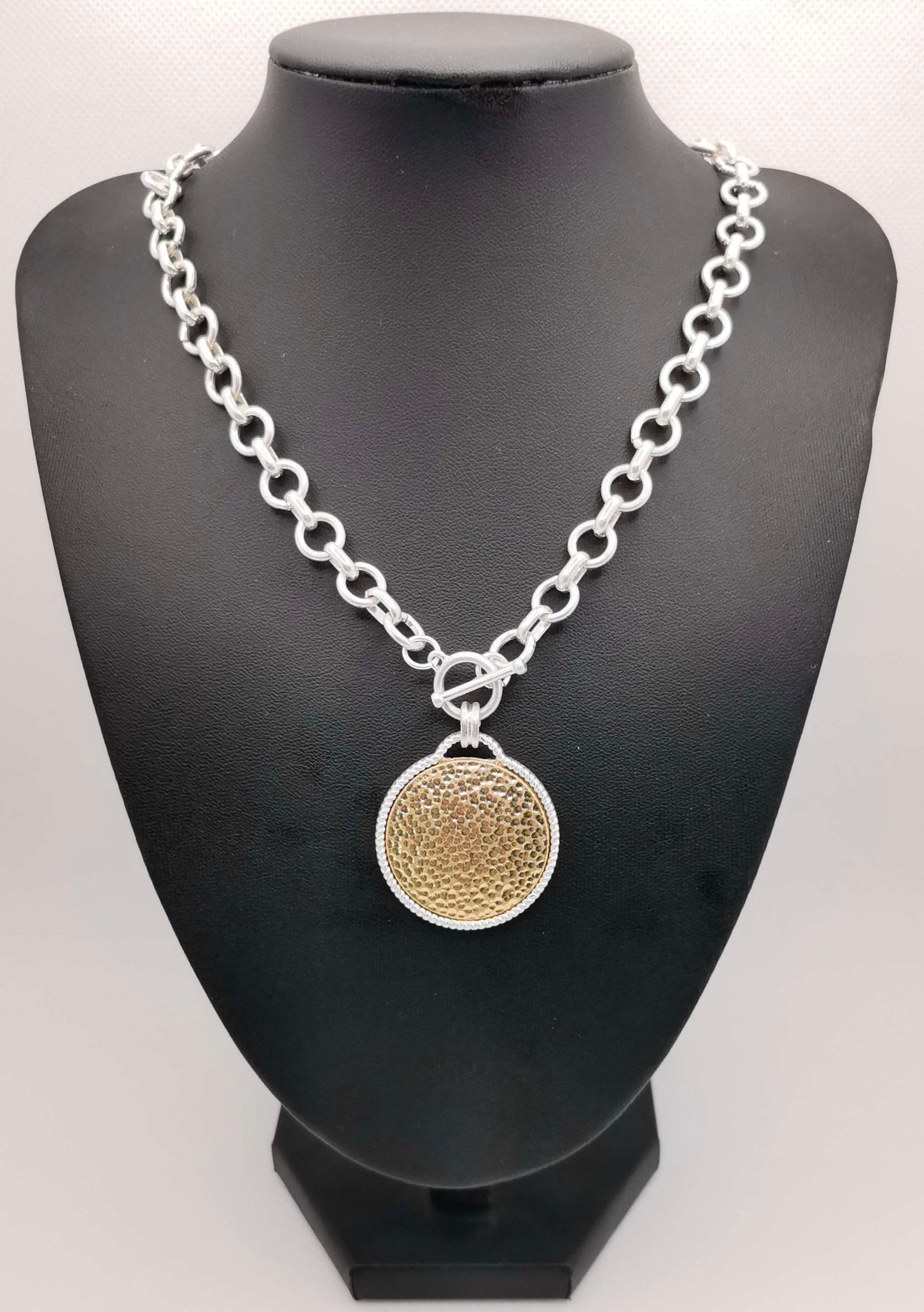 Silver Chain with Hammered Gold Disk Charm 16"-18" Necklace