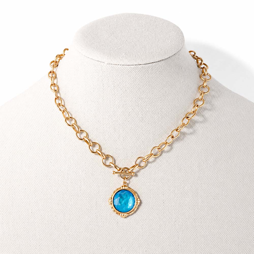 Gold Chain with Blue Stone Circle Charm 16"-18" Necklace