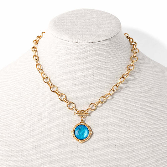Gold Chain with Blue Stone Circle Charm 16"-18" Necklace