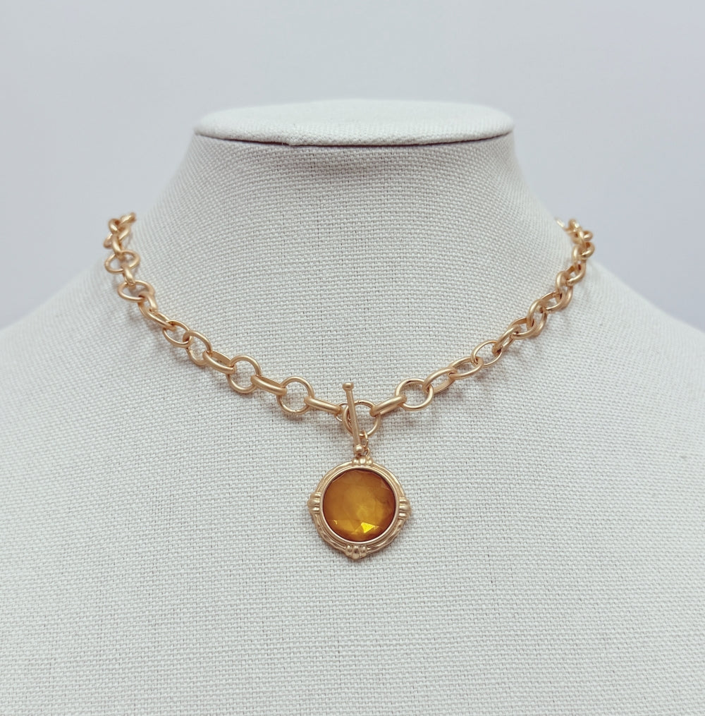 Gold Chain with Topaz Stone Circle Charm 16"-18" Necklace