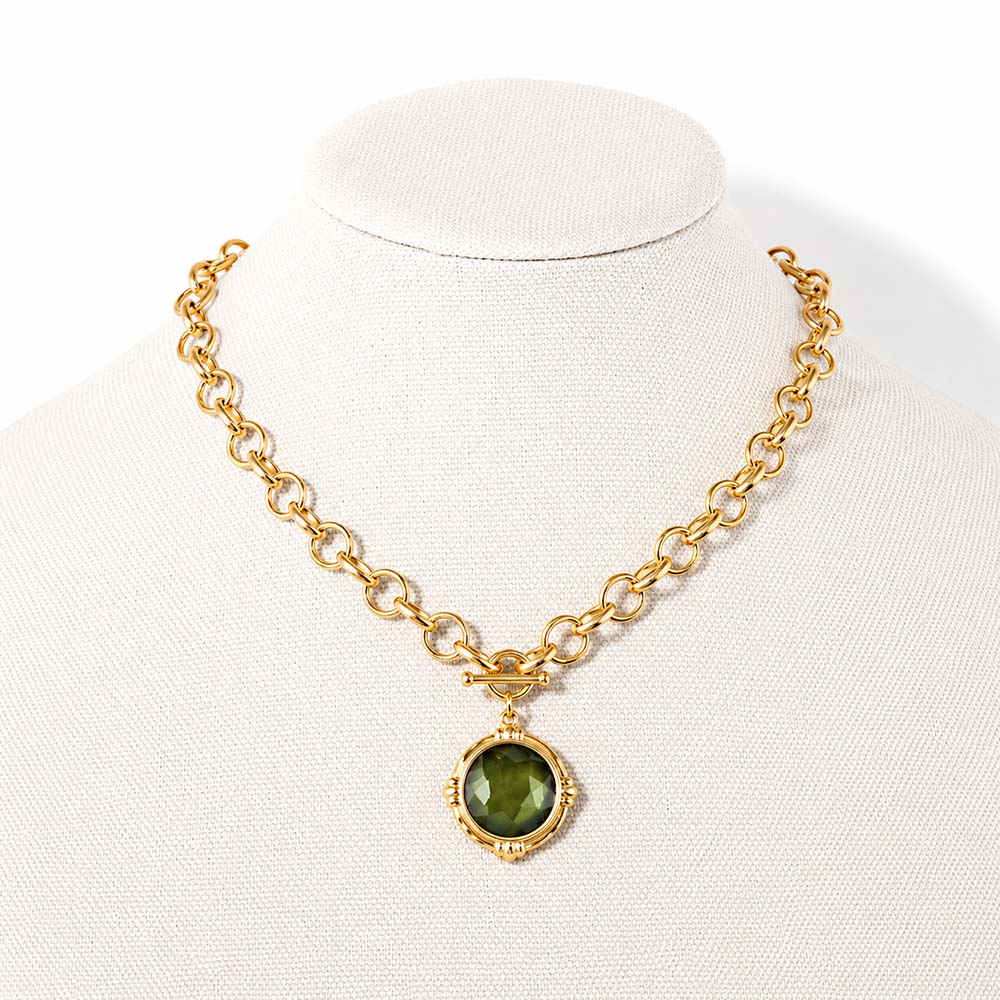Gold Chain with Olive Circle Charm 16"-18" Necklace