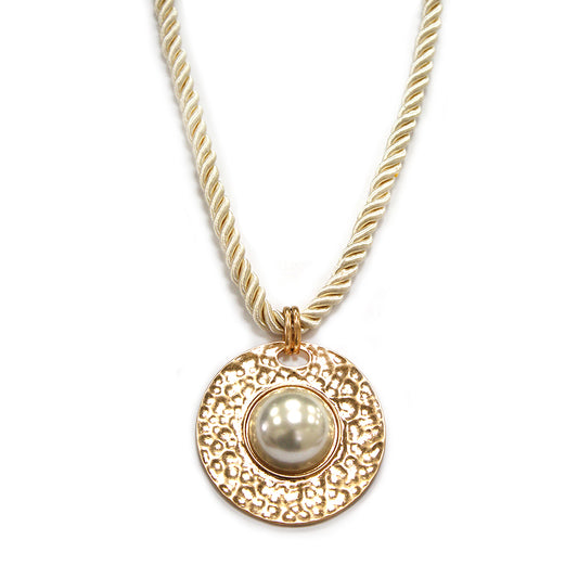 Ivory Wrapped Cord with Large Gold and Pearl Charm 18"-20" Necklace
