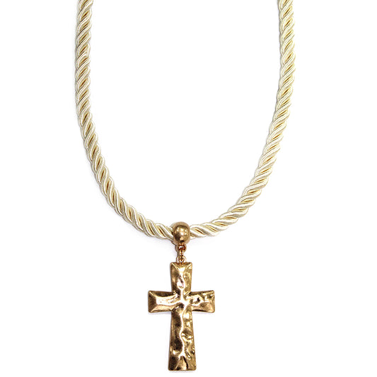 Ivory Wrapped Cord with Gold Large Cross Charm 18"-20" Necklace