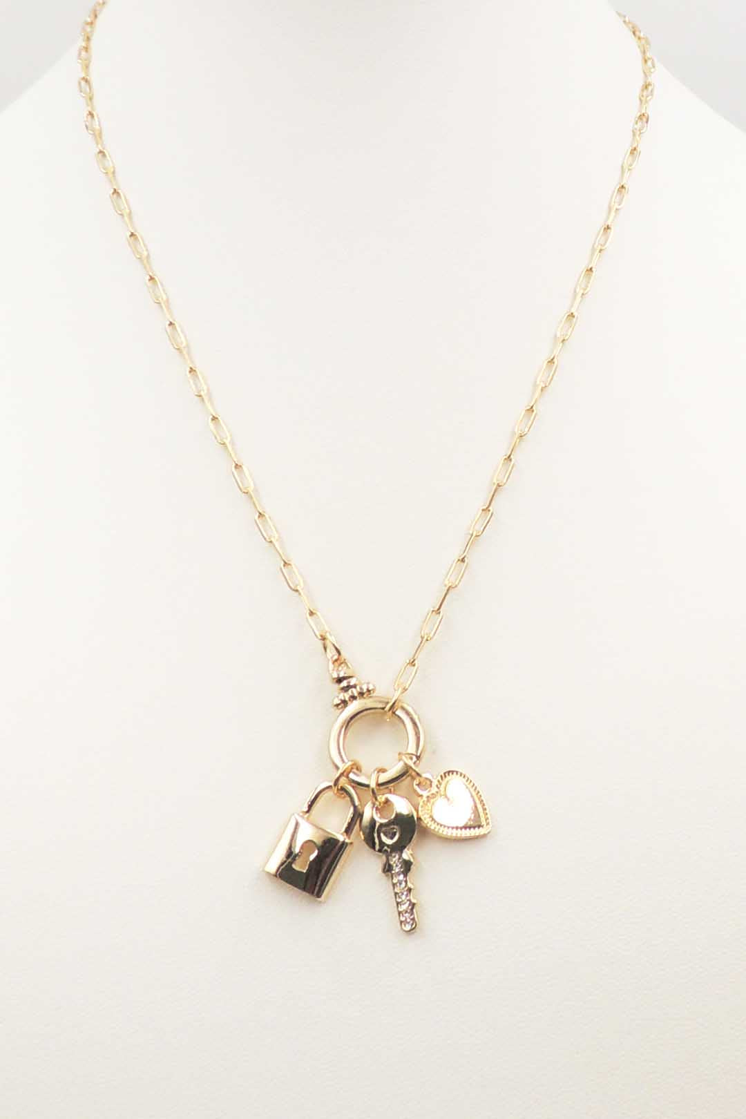 Gold Chain with Lock, Key, and Heart Charm 16"-18" Necklace