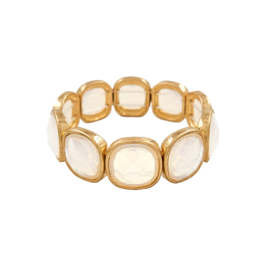 White Opal Square Stone and Gold Stretch Bracelet