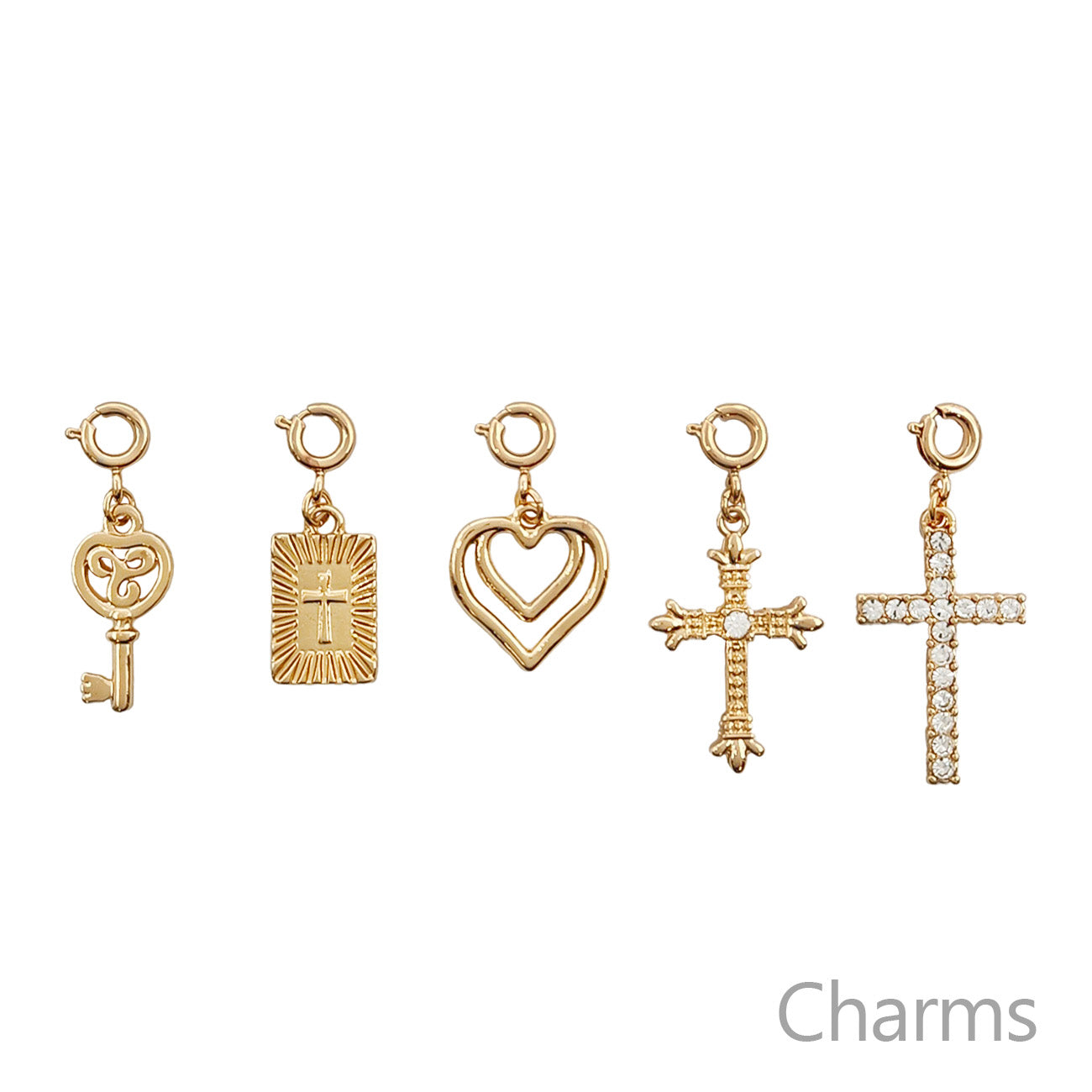 Set of 5 Rhinestone Crosses, Hearts, and Key Necklace Charms