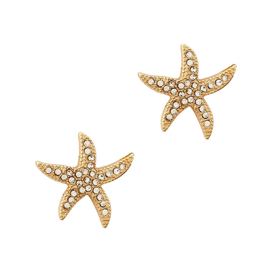 Sealife Rhinestone and Gold Starfish Stud .5" Earring