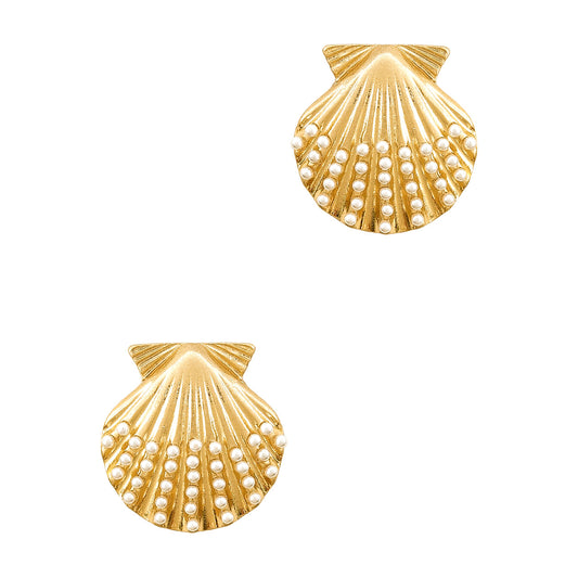 Sealife Rhinestone and Gold Shell Stud .5" Earring