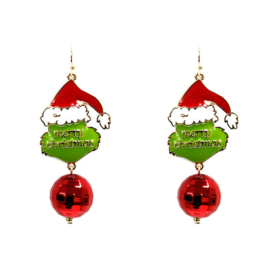 Merry Christmas Grinch with Red Ball Drop Earring