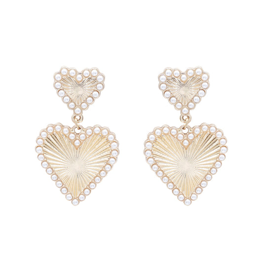 Pearl Studded Double Heart Drop 1.75" Stud Earring