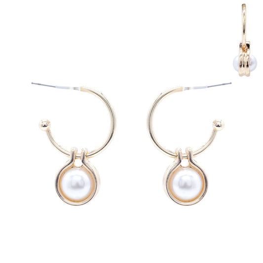 Thin Gold Hoop with Pearl Accent 1" Earring