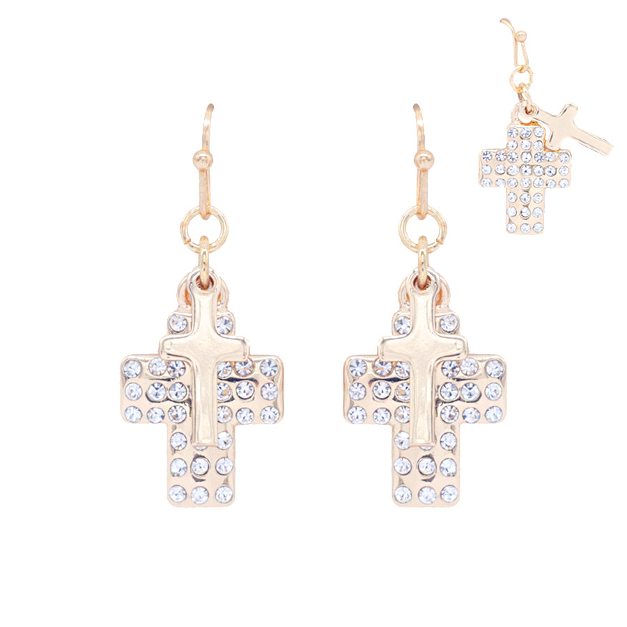 Gold Rhinestone Layered 1" Cross Earring