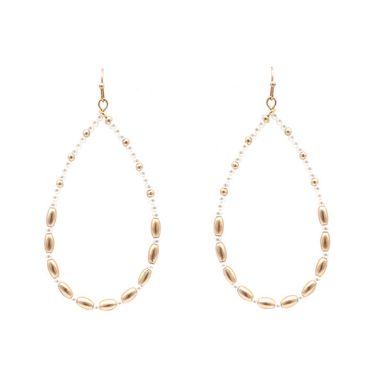 Pearl and Gold Beaded 2" Teardrop Earring