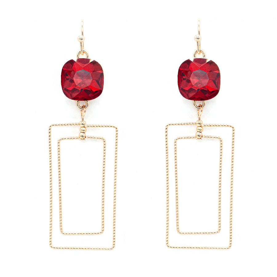 Red Stone with Gold Textured Rectangle 2" Earring