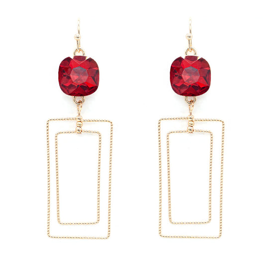 Red Stone with Gold Textured Rectangle 2" Earring