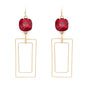 Red Stone with Gold Textured Rectangle 2" Earring