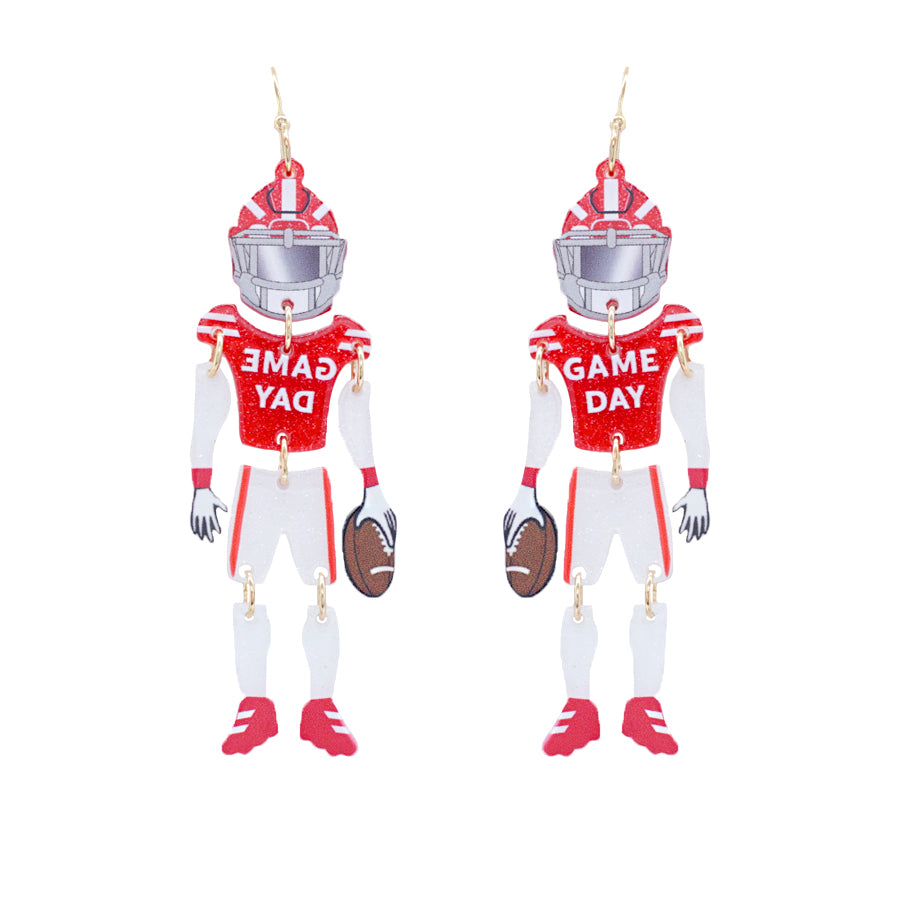 Red and White Gameday Football Player 2.75" Earring with Movement