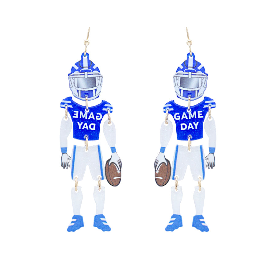 Blue and White Gameday Football Player 2.75" Earring with Movement