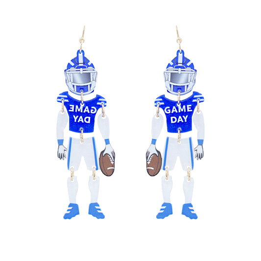 Blue and White Gameday Football Player 2.75" Earring with Movement