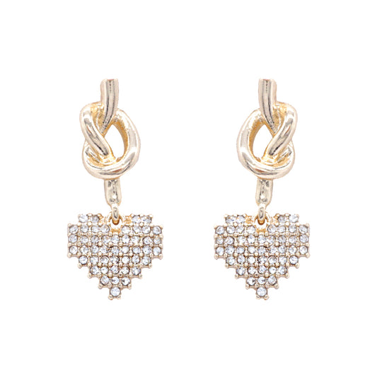 Gold Knotted Stud Earring with Rhinestone Heart 1.5" Earring