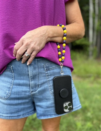 Blue and White Wood Beaded Phone Holding Wristlet, Great for Gameday!