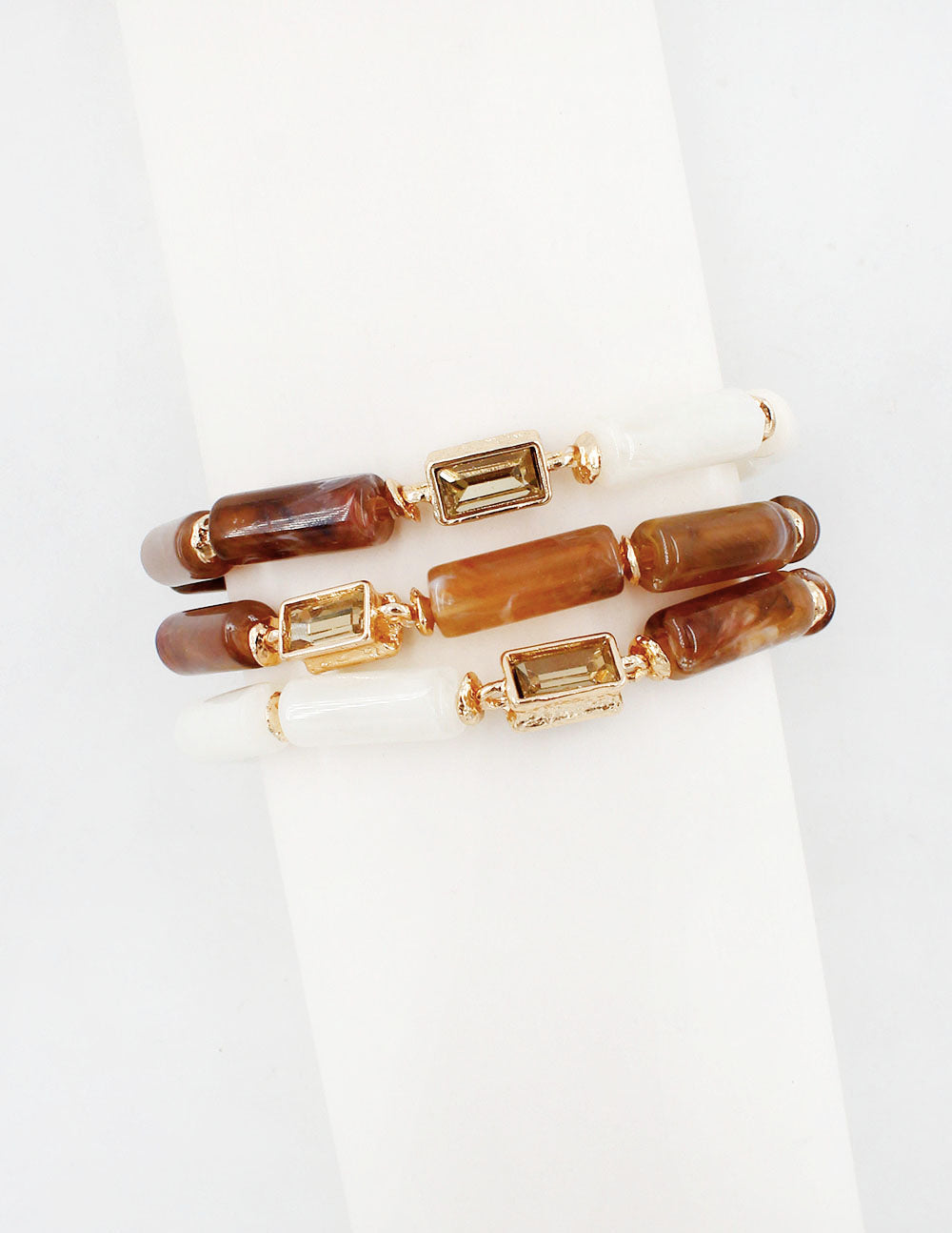 Brown and White Oval Stone and Crystal Beaded Set of 3 Stretch Bracelets