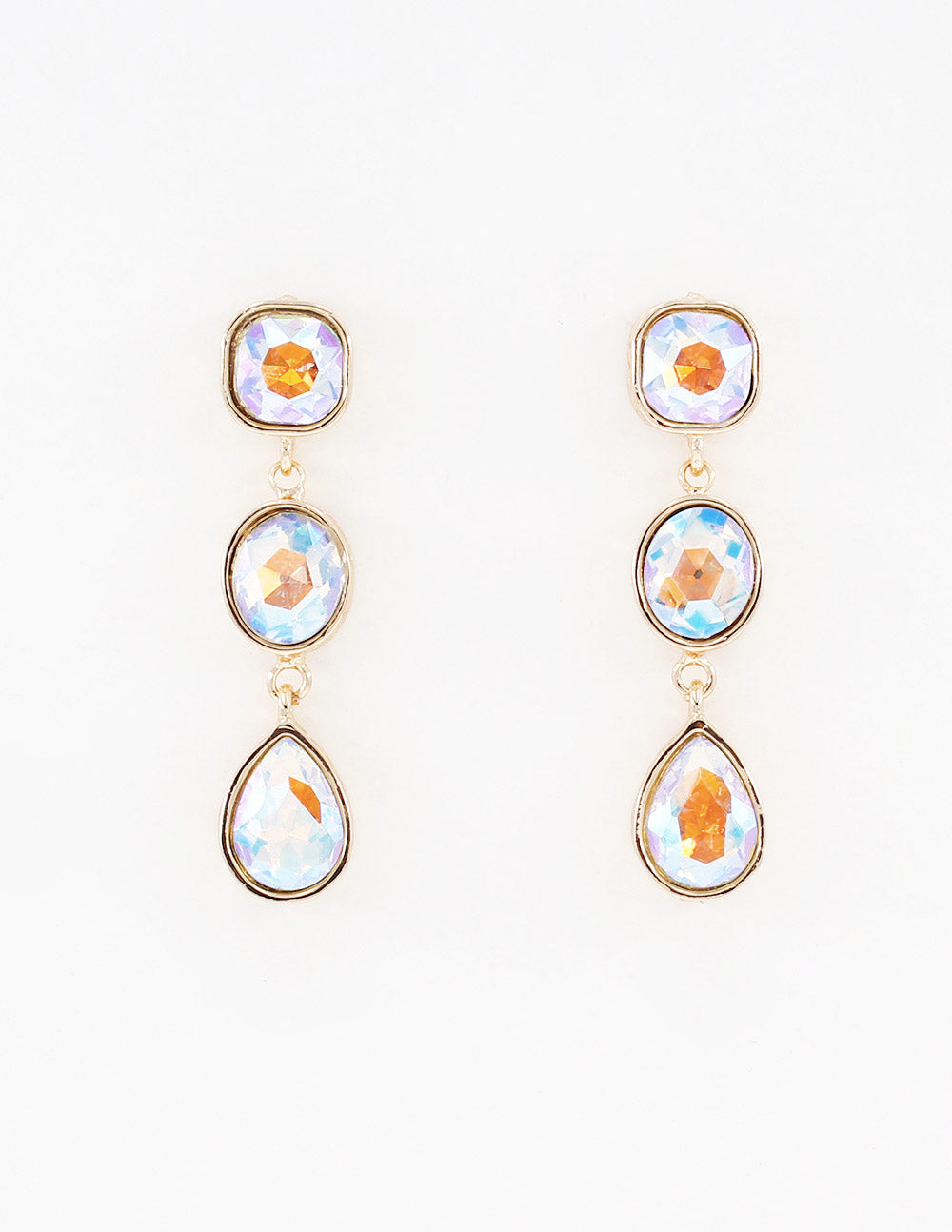 Triple Drop AB Crystal and Gold Geometric 2" Earring