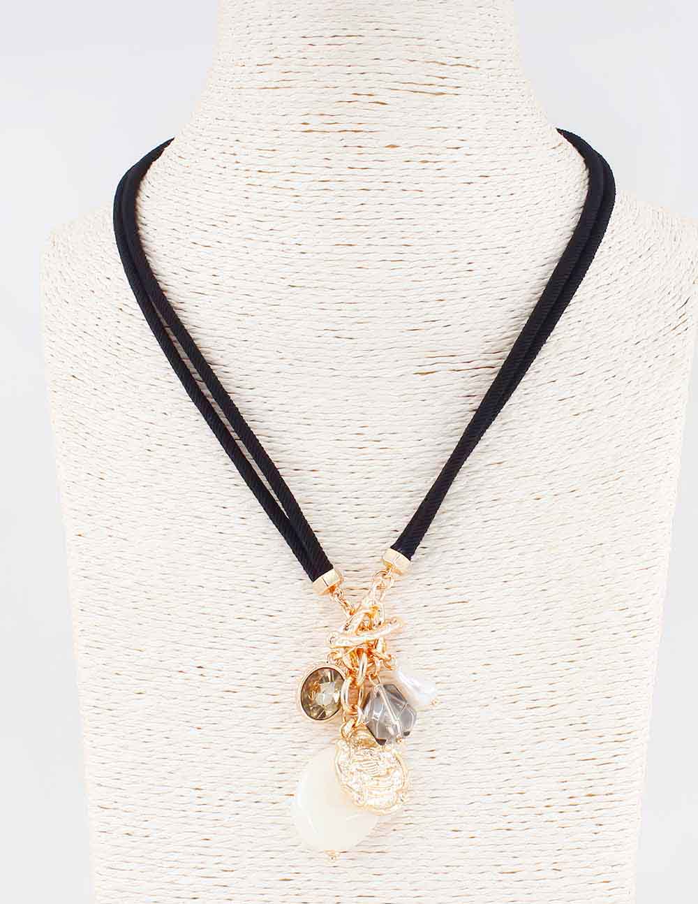 Black Cord with Crystal and Stone Charms 16"-18" Necklace