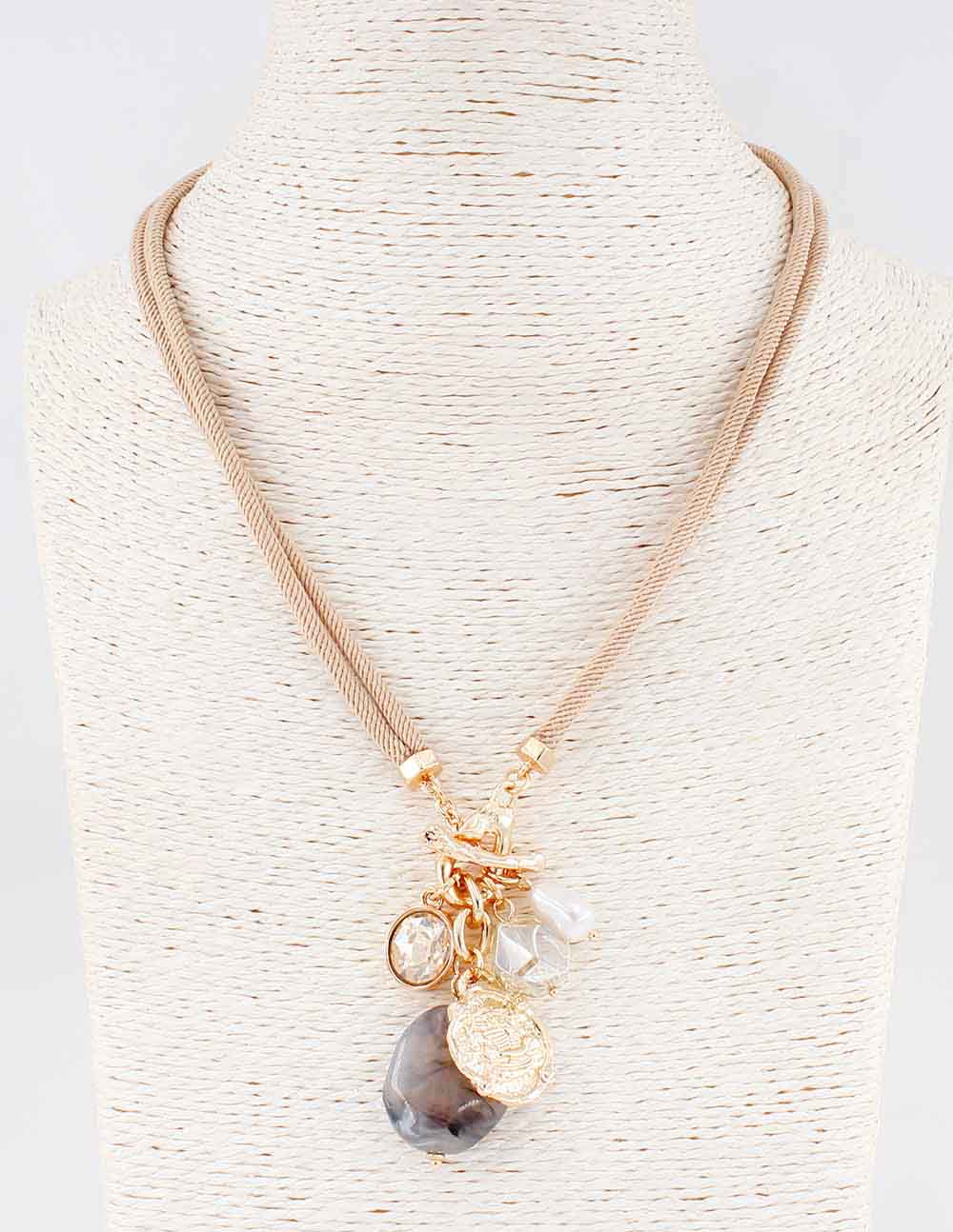 Natural/Tan Cord with Crystal and Stone Charms 16"-18" Necklace