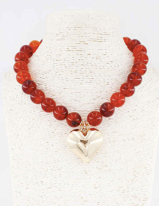 Brown 18MM Beaded with Gold Heart Charm 16"-18" Necklace