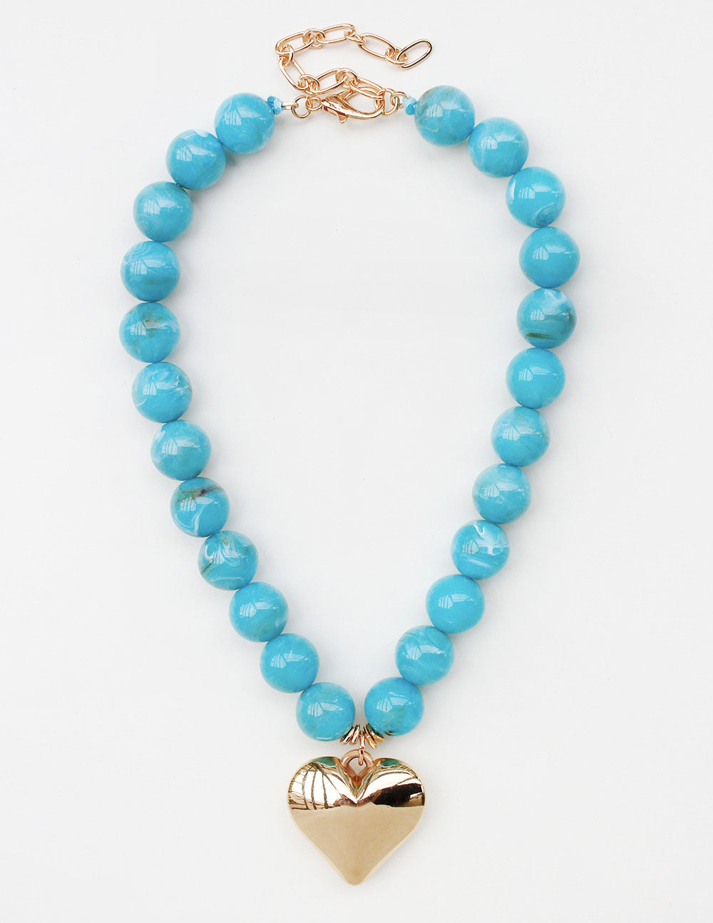 Turquoise 18MM Beaded with Gold Heart Charm 16"-18" Necklace