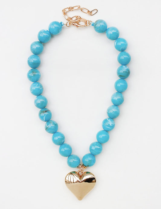Turquoise 18MM Beaded with Gold Heart Charm 16"-18" Necklace