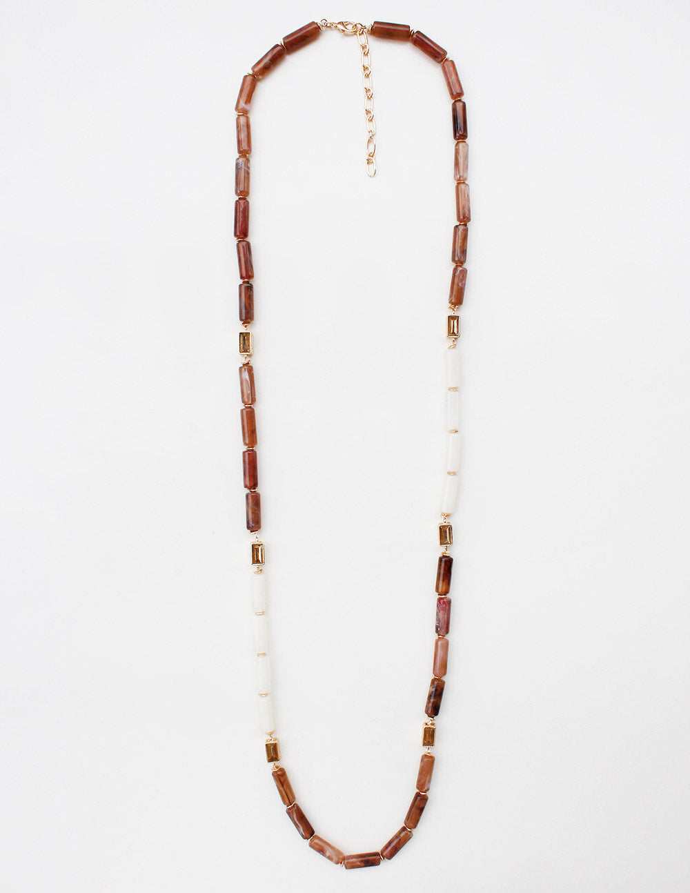 Brown and White Oval Stone Glass Beaded 32" Necklace