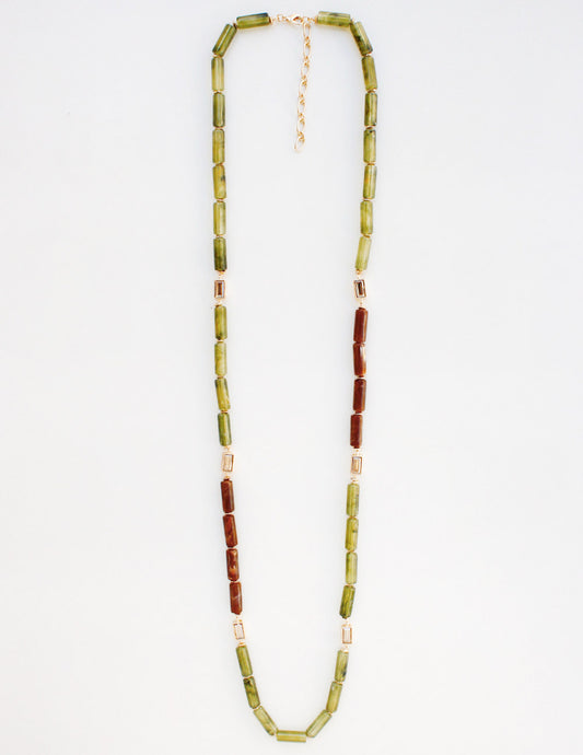 Olive Green and Brown Oval Stone Glass Beaded 32" Necklace