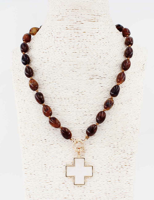 Brown Acrylic Beaded with Pearlized White Cross 18" Necklace
