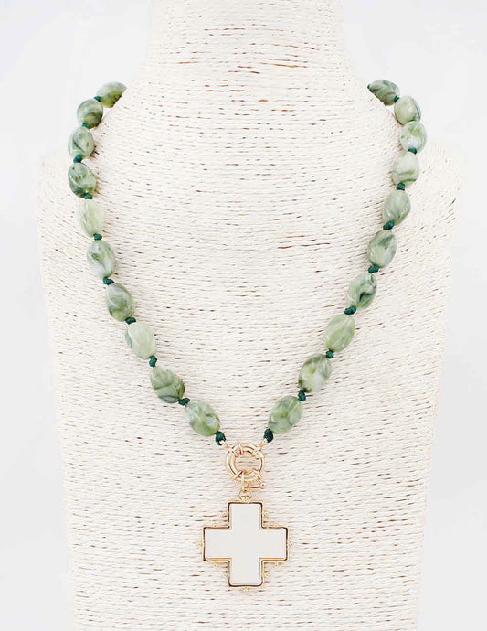 Olive Acrylic Beaded with Pearlized White Cross 18" Necklace